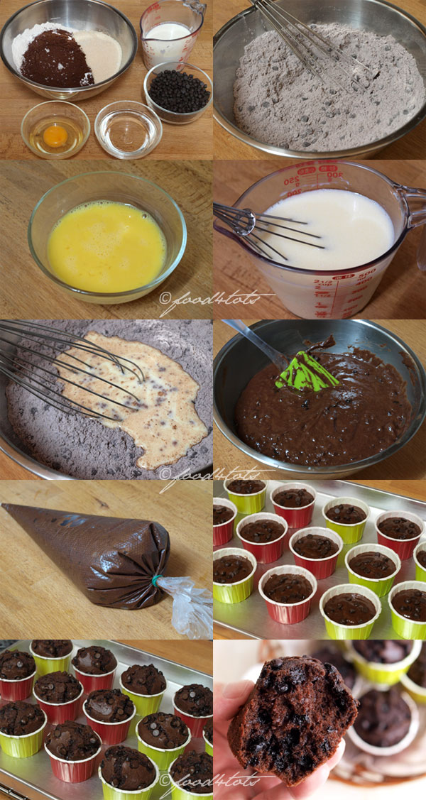 step by step, tutorial, double chocolate muffins, chocolate, chocolate chips, muffins, toddler, snack, cocoa powder, mixing method
