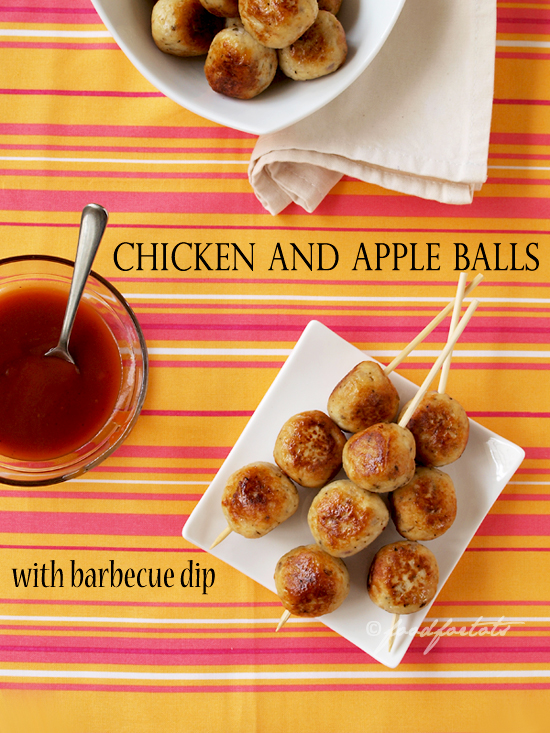 chicken and apple balls, barbecue dip, chicken balls, finger food, party food, toddler, Food For Tots